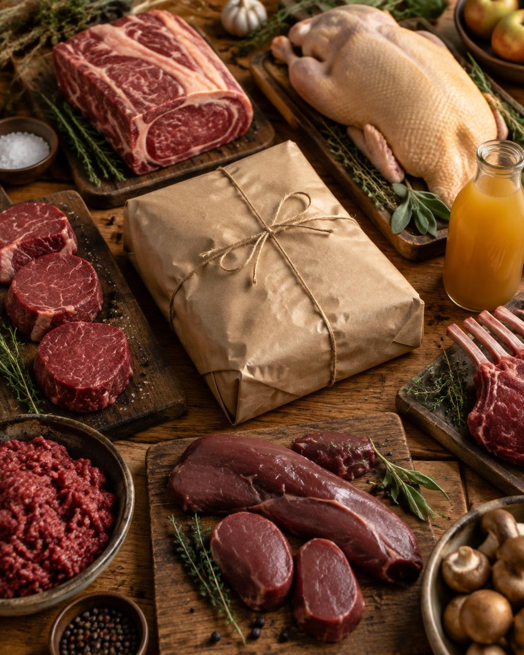 Свёрток мясника, мясо, утка и сок на деревянном прилавке